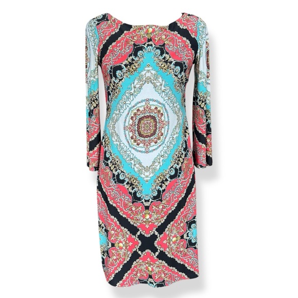 KENAR Dress Womens Size 4 Boho Mandala 3/4 Sleeve Red Turquoise Stretch - Picture 1 of 5